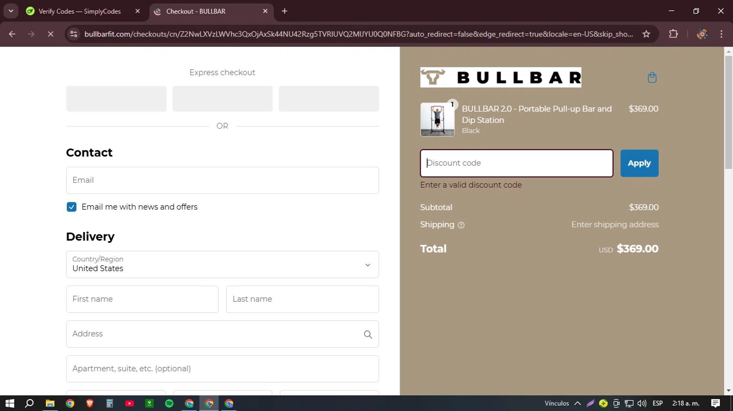 Bullbar Fitness promo code screenshot showing code PRE20 applied at Bullbar Fitness checkout page. Uploaded by SimplyCodes community member BudgetHunter9184 on Mar 1, 2025