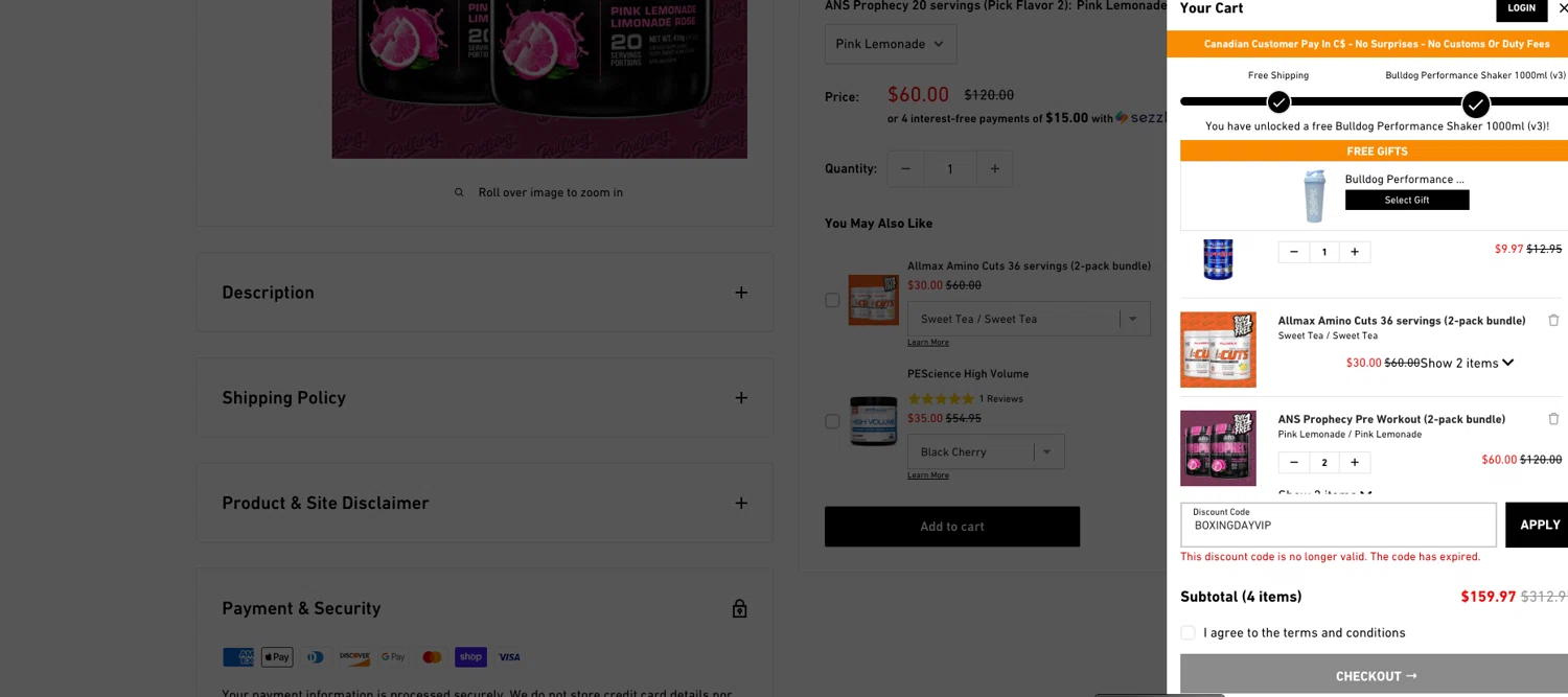Bulldog Nutrition CA promo code screenshot showing code BOXINGDAYVIP applied at Bulldog Nutrition CA checkout page. Uploaded by SimplyCodes community member ELOIN777 on Dec 31, 2024