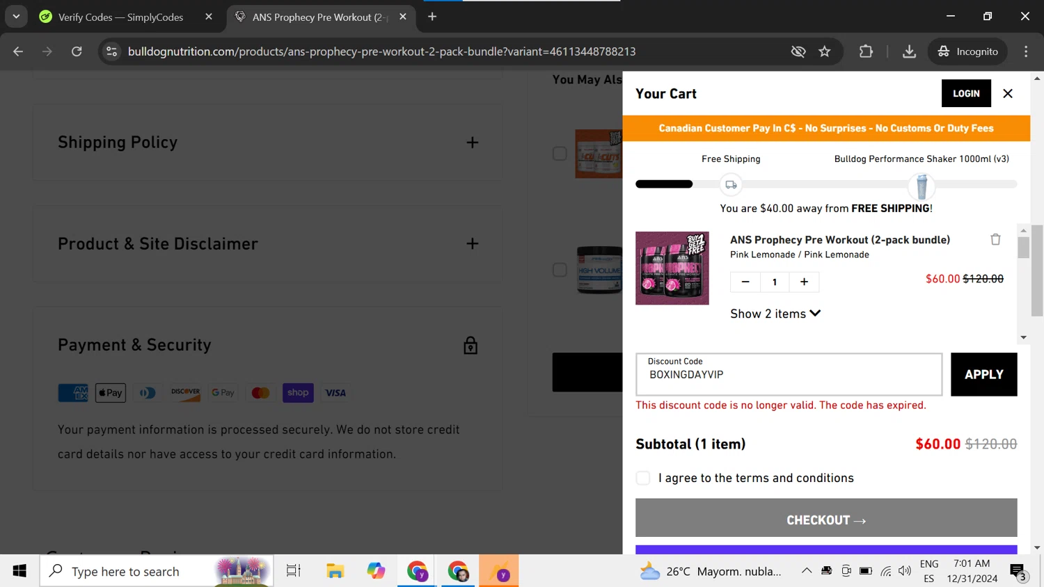 Bulldog Nutrition CA promo code screenshot showing code BOXINGDAYVIP applied at Bulldog Nutrition CA checkout page. Uploaded by SimplyCodes community member CleverChaser8361 on Dec 31, 2024