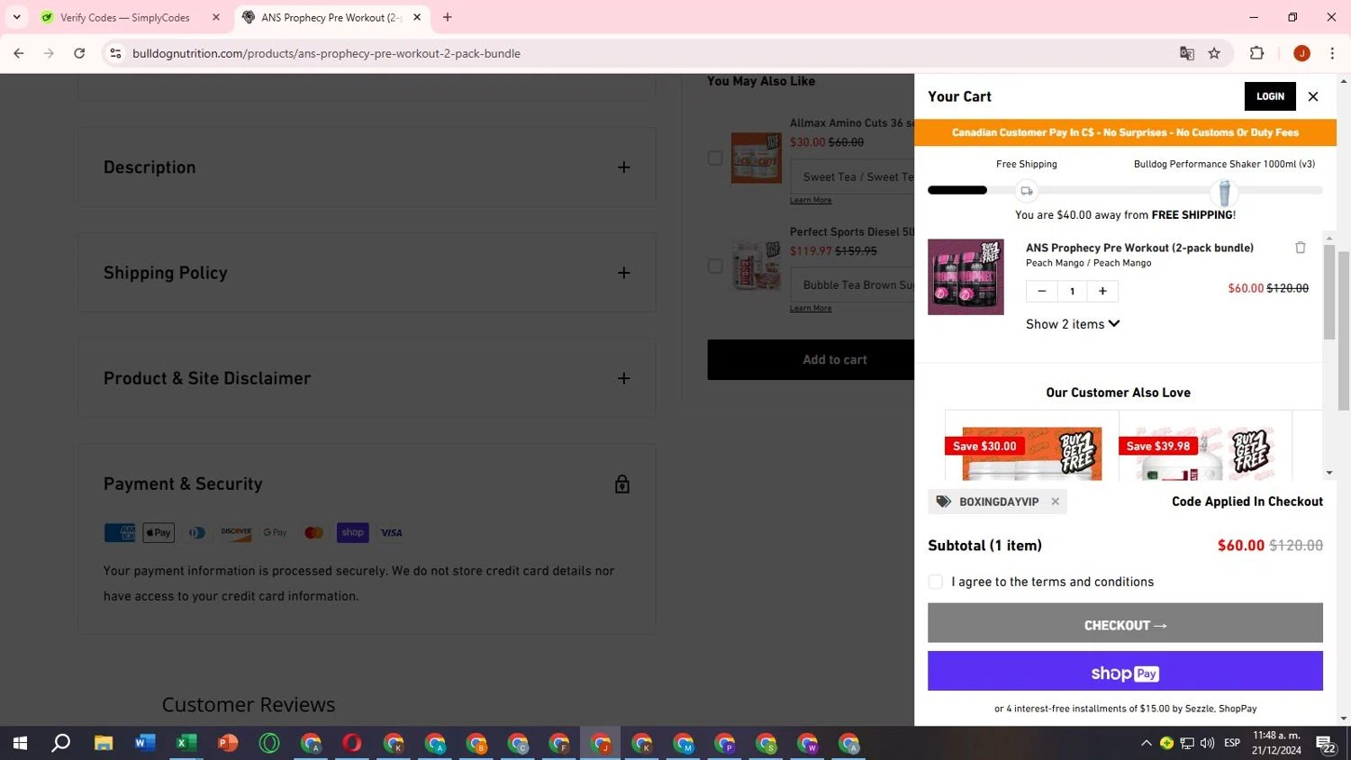 Bulldog Nutrition CA checkout page showing Bulldog Nutrition CA promo code box | Screenshot taken by SimplyCodes community member on Dec 21, 2024