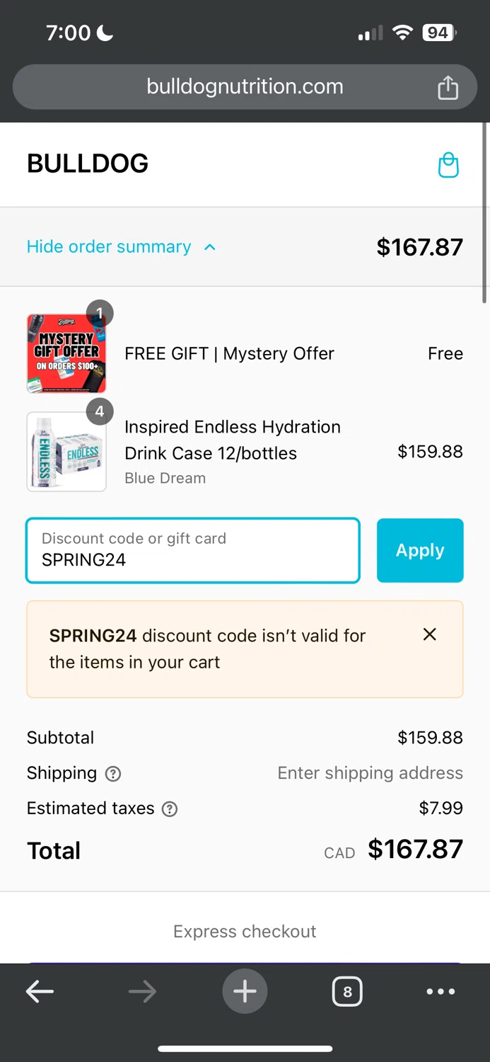 Bulldog Nutrition CA checkout page showing Bulldog Nutrition CA promo code box | Screenshot taken by SimplyCodes community member on Jul 21, 2024