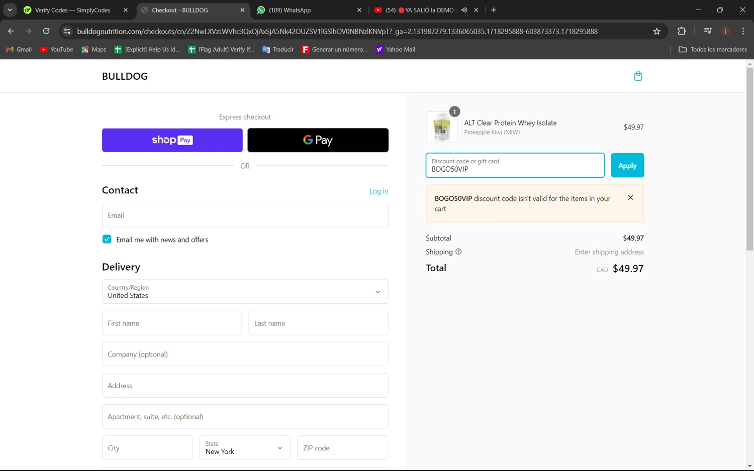 Bulldog Nutrition CA checkout page showing Bulldog Nutrition CA promo code box | Screenshot taken by SimplyCodes community member on Jun 13, 2024