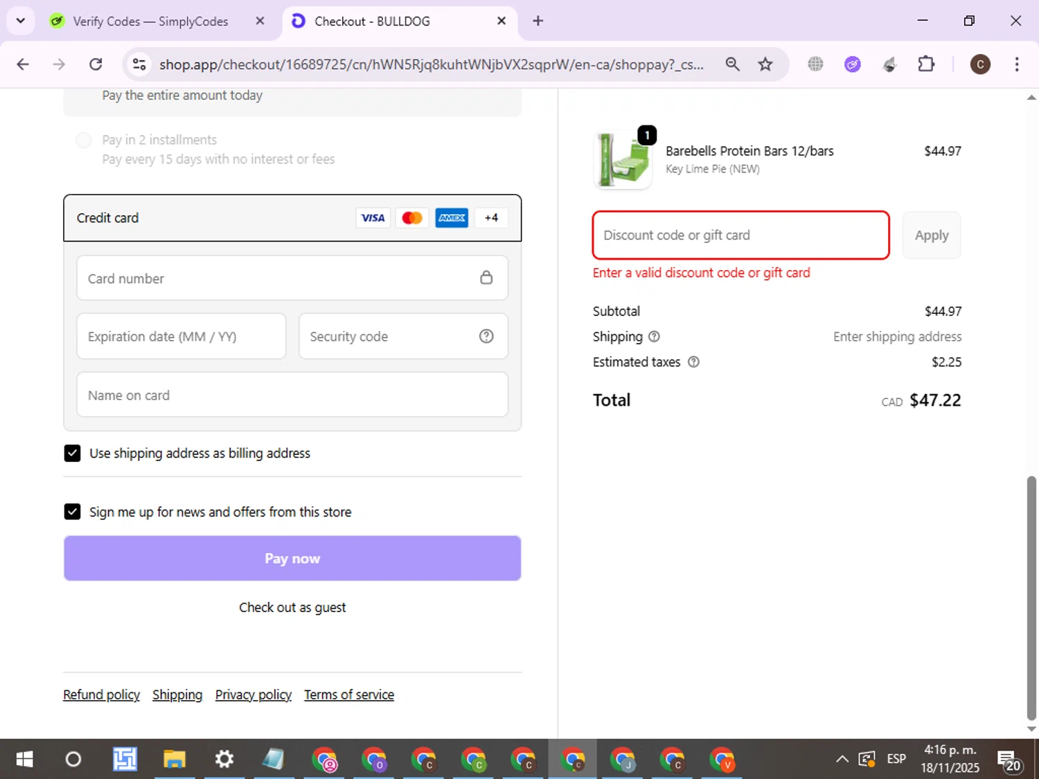 Bulldog Nutrition CA promo code screenshot showing code PREBF applied at Bulldog Nutrition CA checkout page. Uploaded by SimplyCodes community member ExtraordinaryPro8536 on Nov 18, 2025