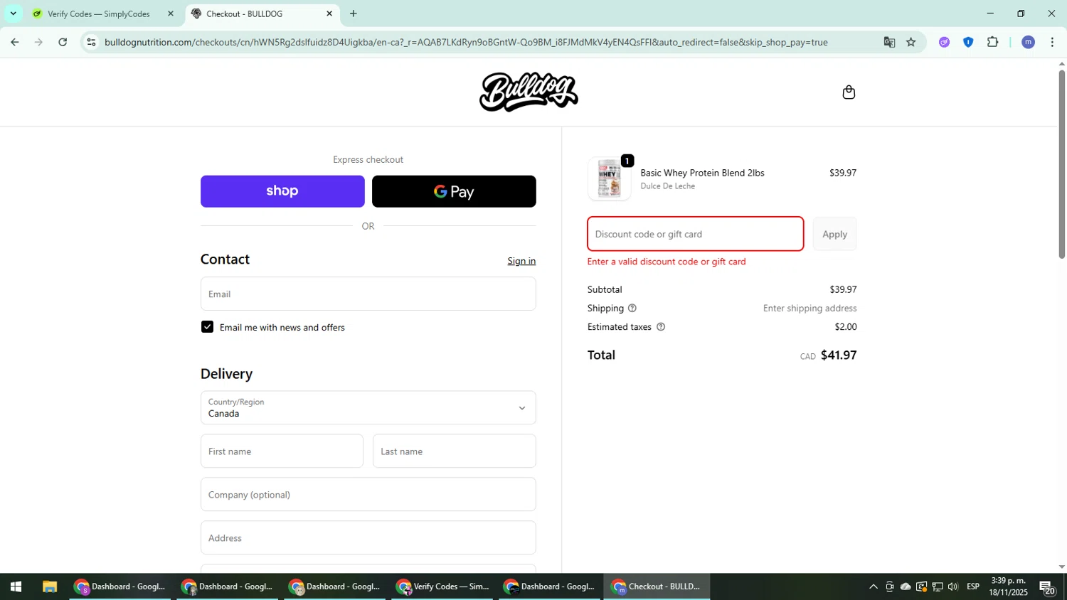 Bulldog Nutrition CA promo code screenshot showing code PREBF applied at Bulldog Nutrition CA checkout page. Uploaded by SimplyCodes community member QuestDefender2661 on Nov 18, 2025