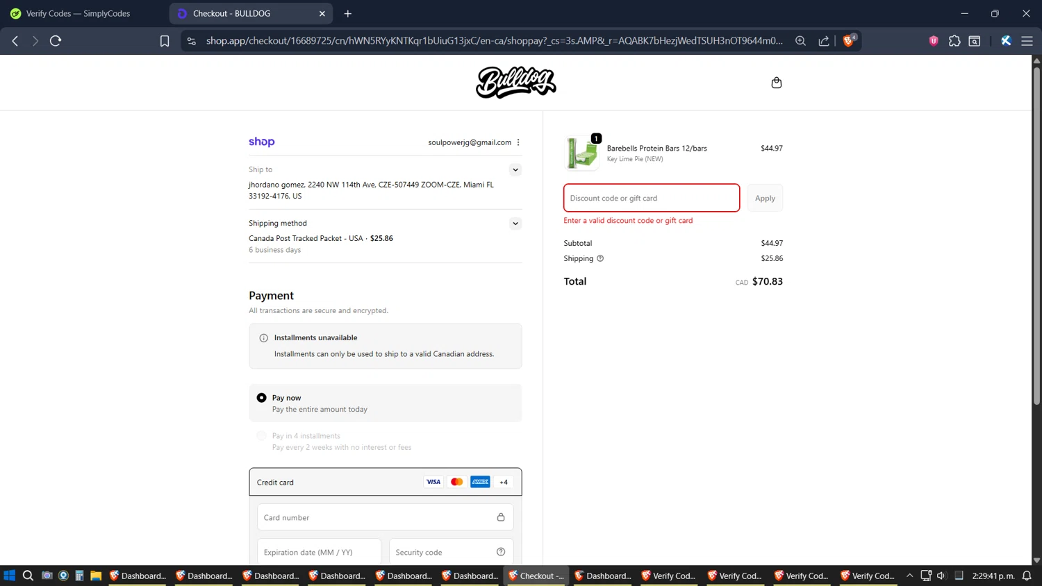 Bulldog Nutrition CA promo code screenshot showing code PREBF applied at Bulldog Nutrition CA checkout page. Uploaded by SimplyCodes community member jhordano on Nov 18, 2025
