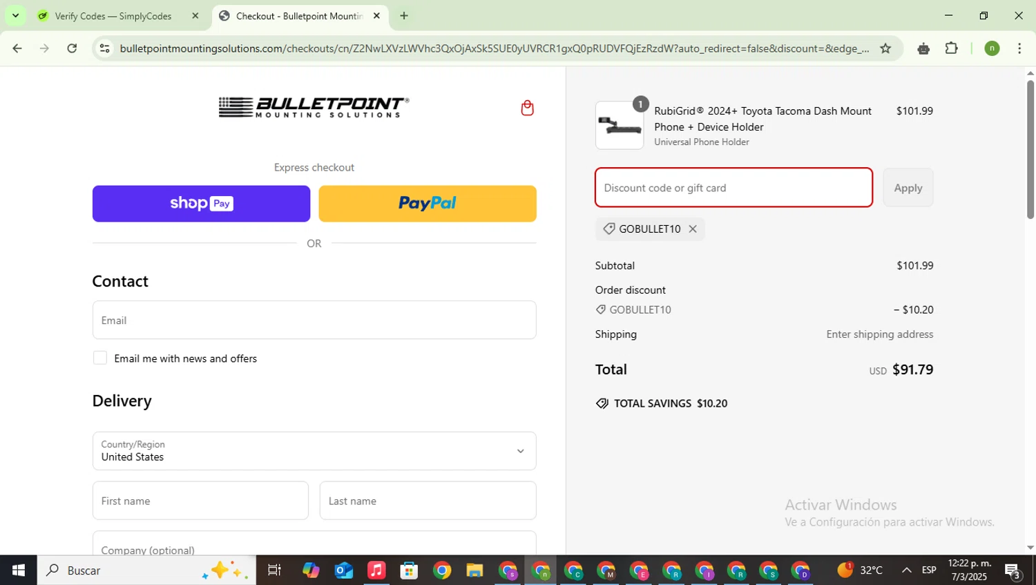 Bulletpoint Mounting Solutions discount code screenshot showing code GOBULLET10 applied at Bulletpoint Mounting Solutions checkout page. Uploaded by SimplyCodes community member SwiftSaver6197 on Mar 7, 2025