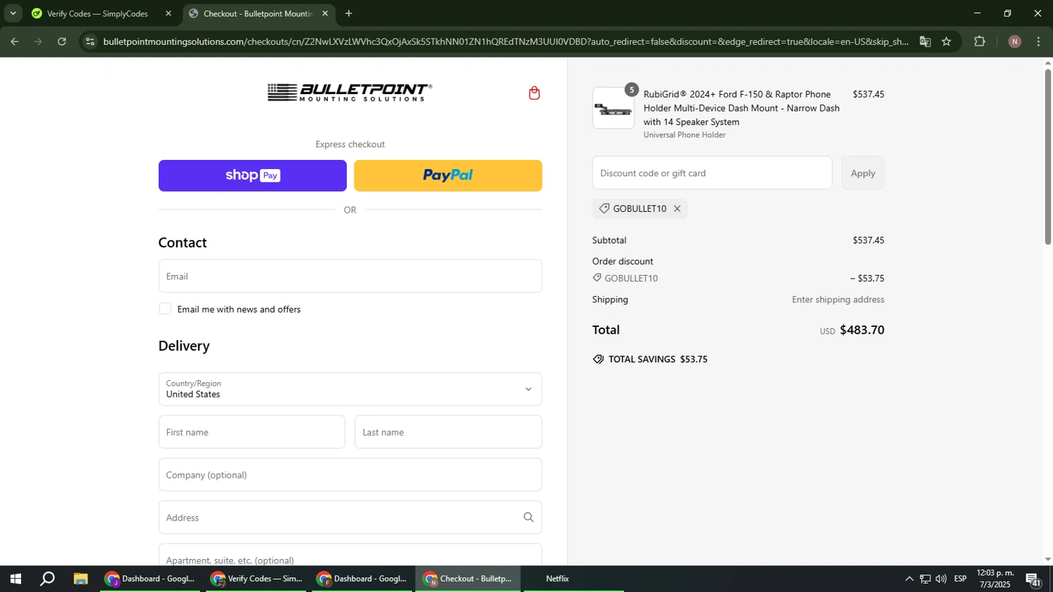 Bulletpoint Mounting Solutions discount code screenshot showing code GOBULLET10 applied at Bulletpoint Mounting Solutions checkout page. Uploaded by SimplyCodes community member DiscountPioneer2554 on Mar 7, 2025