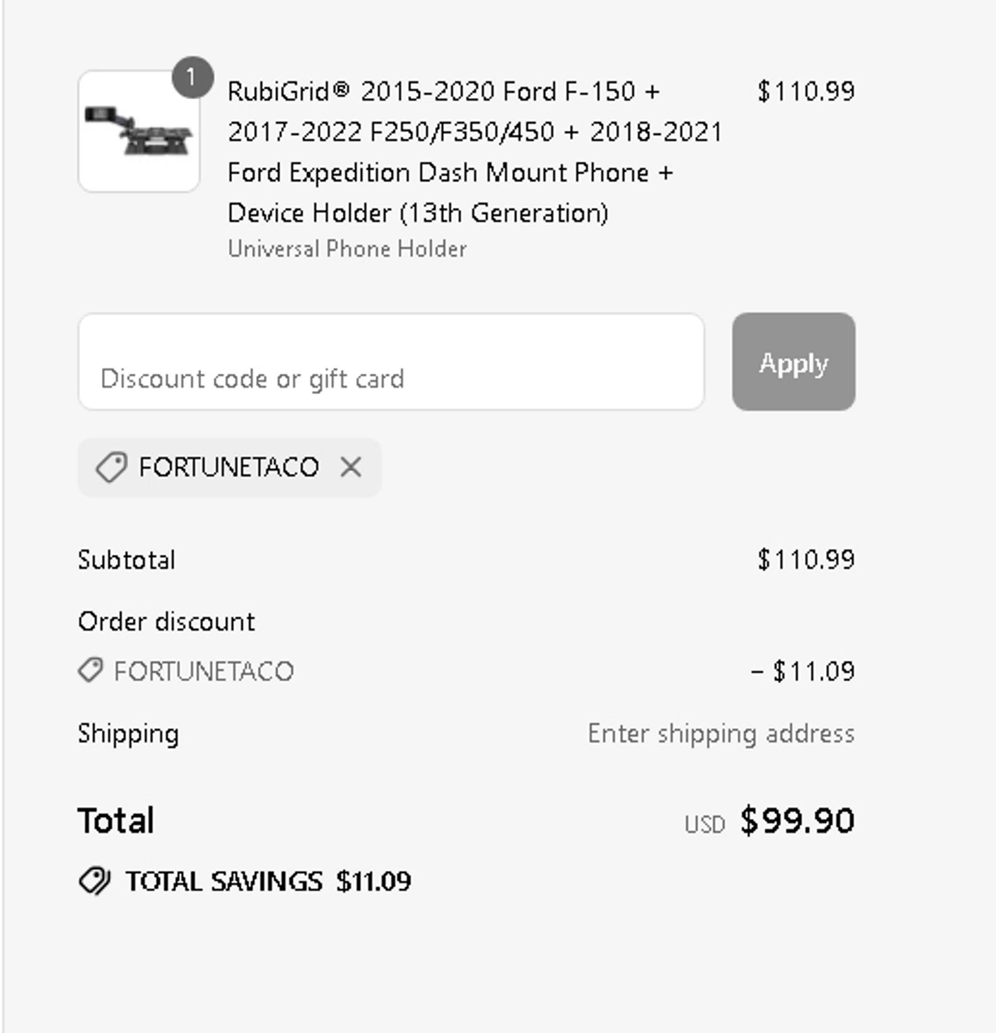 Bulletpoint Mounting Solutions discount code screenshot showing code FORTUNETACO applied at Bulletpoint Mounting Solutions checkout page. Uploaded by SimplyCodes community member BLUEBLASTOISE on Sep 11, 2025