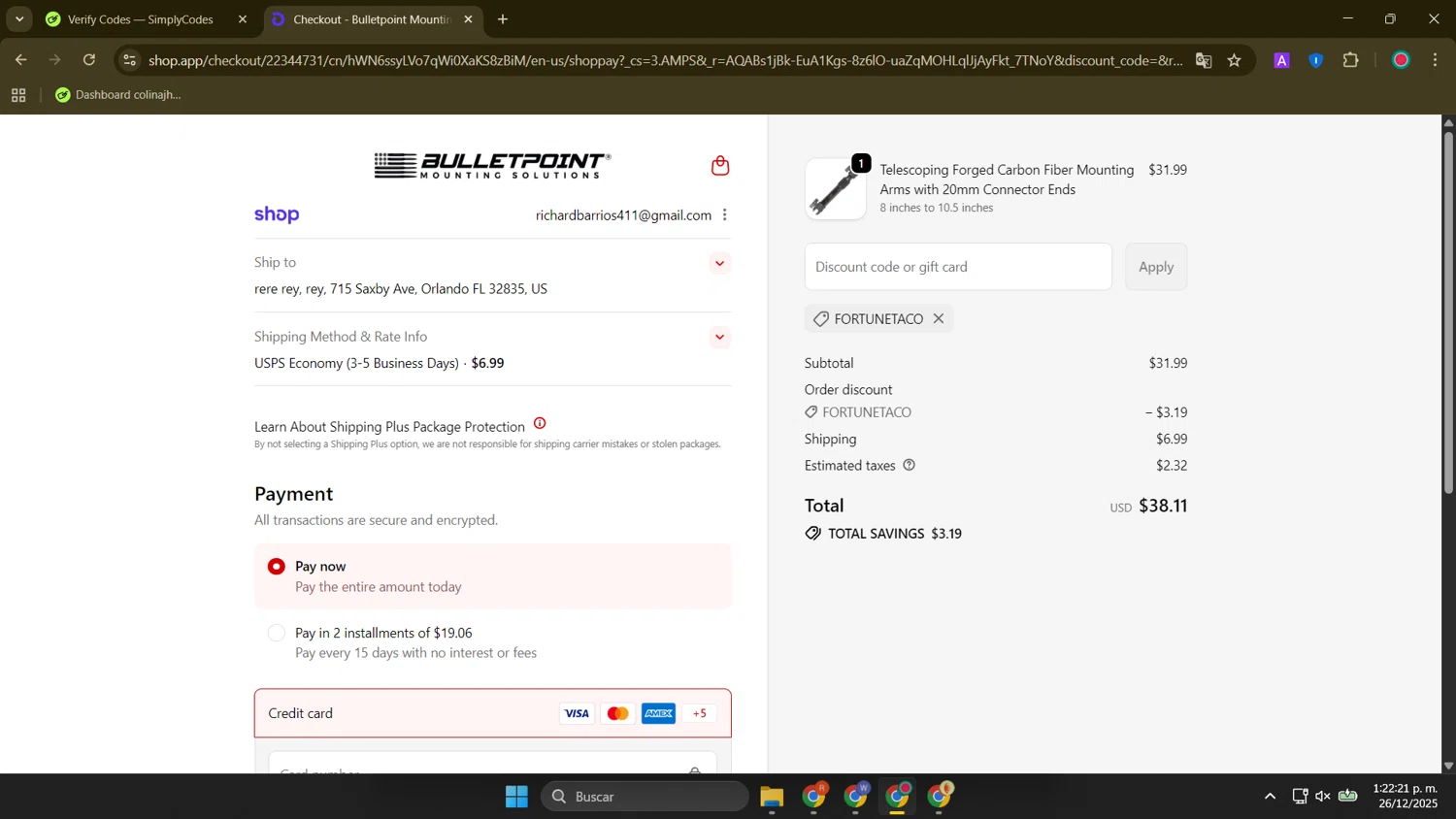 Bulletpoint Mounting Solutions discount code screenshot showing code FORTUNETACO applied at Bulletpoint Mounting Solutions checkout page. Uploaded by SimplyCodes community member FortunateElite9977 on Dec 26, 2025