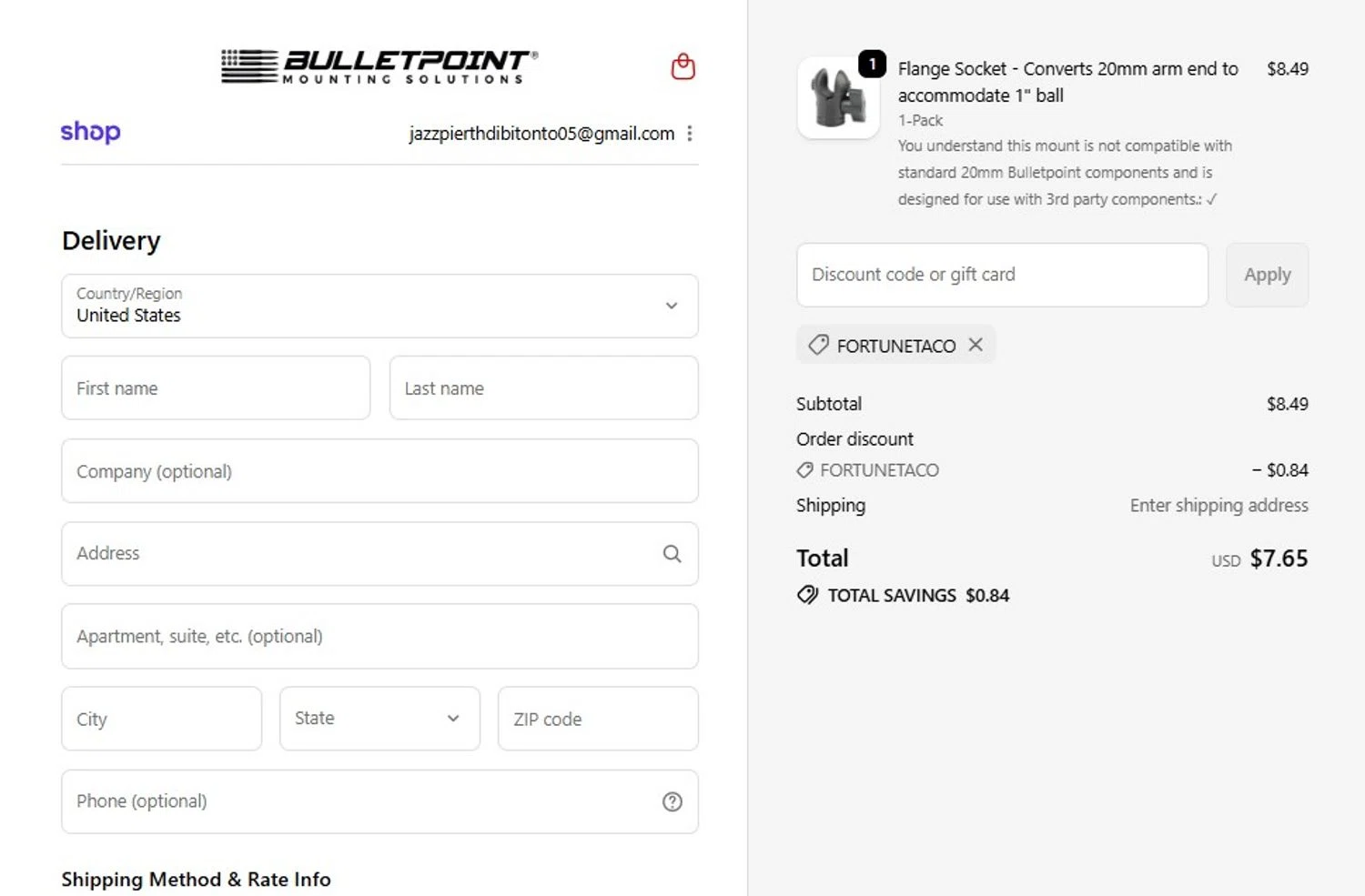 Bulletpoint Mounting Solutions discount code screenshot showing code FORTUNETACO applied at Bulletpoint Mounting Solutions checkout page. Uploaded by SimplyCodes community member FortunateScholar5901 on Oct 30, 2025