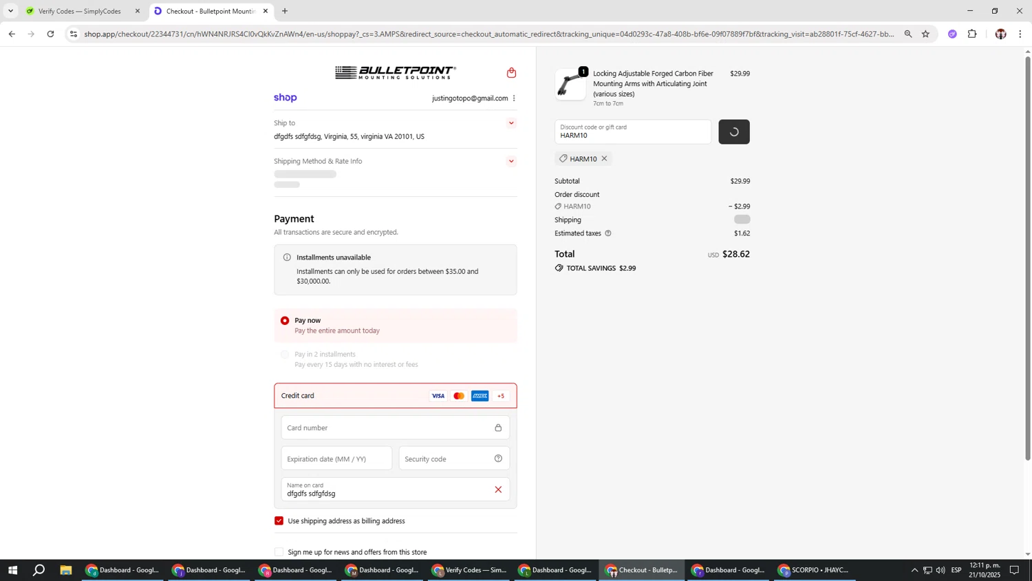 Bulletpoint Mounting Solutions discount code screenshot showing code HARM10 applied at Bulletpoint Mounting Solutions checkout page. Uploaded by SimplyCodes community member Salometta on Oct 21, 2025
