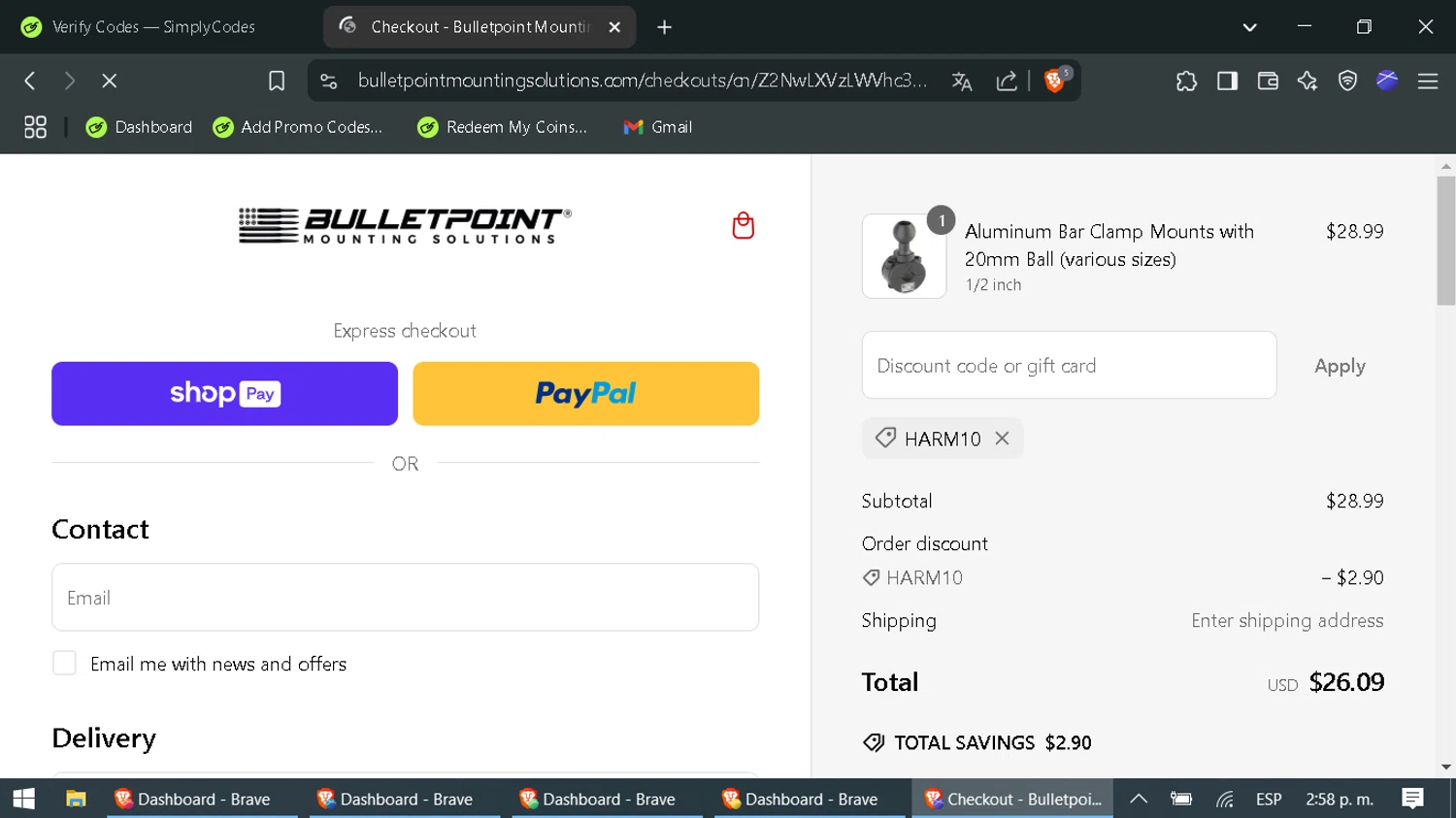 Bulletpoint Mounting Solutions discount code screenshot showing code HARM10 applied at Bulletpoint Mounting Solutions checkout page. Uploaded by SimplyCodes community member GoldTitan3473 on Mar 7, 2025