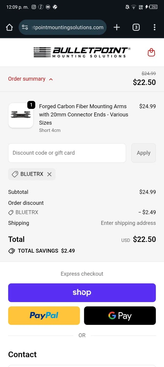 Bulletpoint Mounting Solutions discount code screenshot showing code Bluetrx applied at Bulletpoint Mounting Solutions checkout page. Uploaded by SimplyCodes community member Nickurtdale on Oct 21, 2025