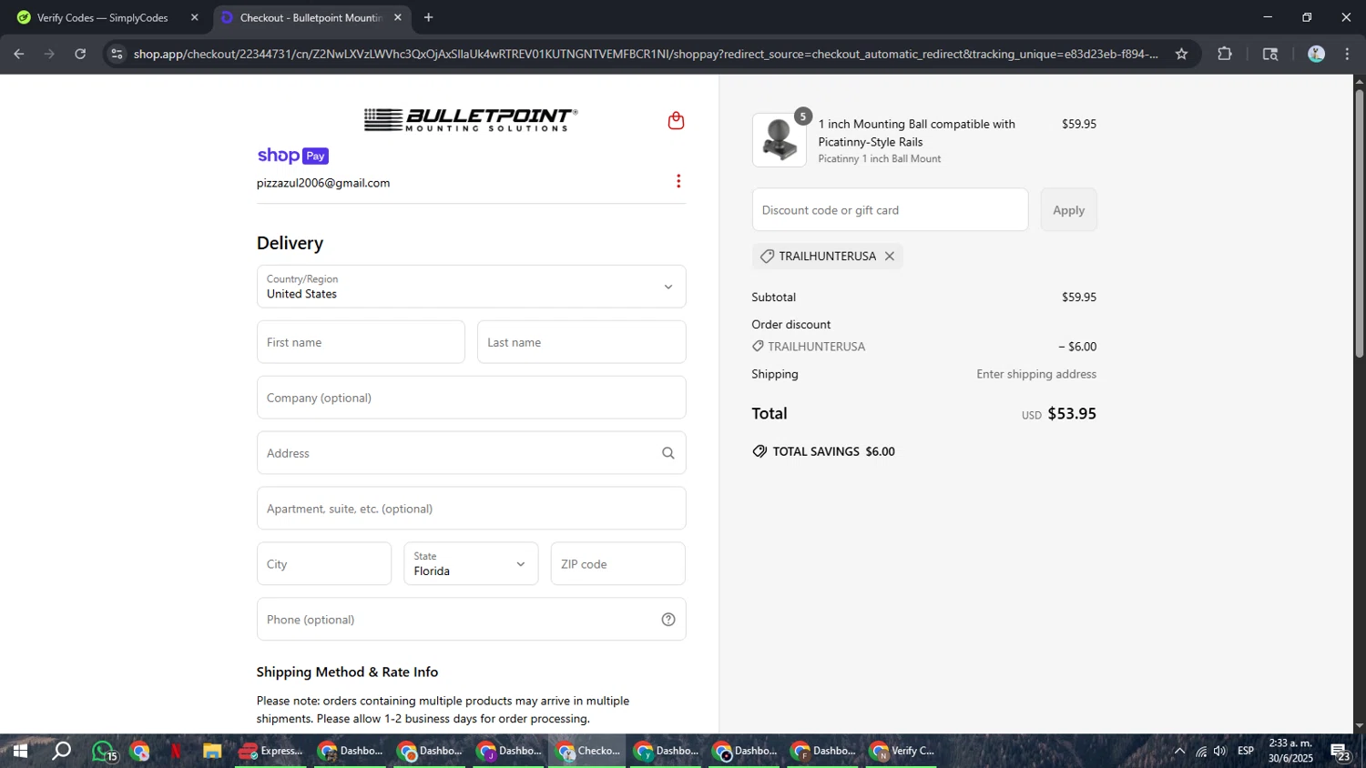 Bulletpoint Mounting Solutions discount code screenshot showing code trailhunterusa applied at Bulletpoint Mounting Solutions checkout page. Uploaded by SimplyCodes community member ShrewdSeeker6165 on Jun 30, 2025