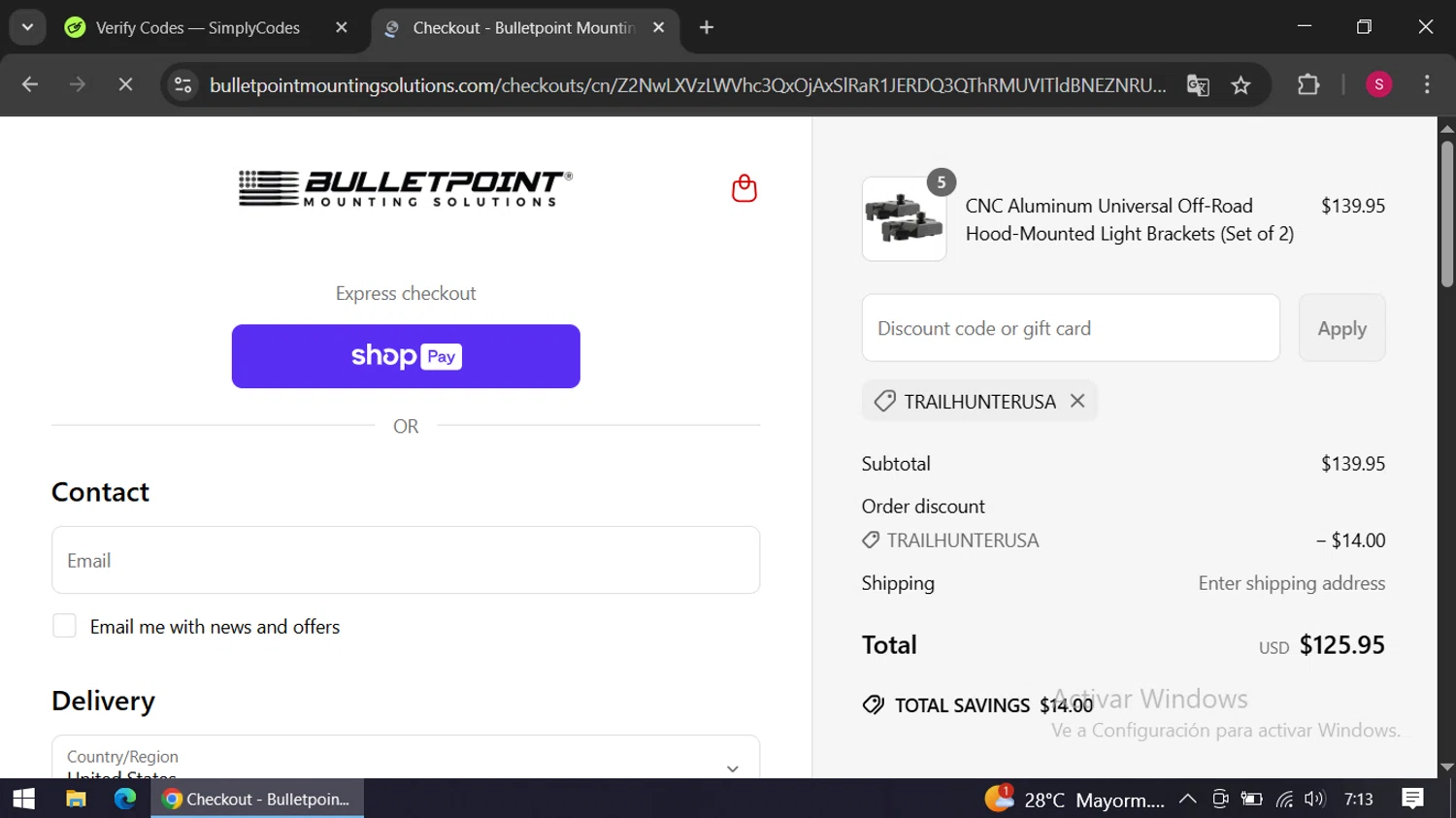 Bulletpoint Mounting Solutions discount code screenshot showing code trailhunterusa applied at Bulletpoint Mounting Solutions checkout page. Uploaded by SimplyCodes community member swiftie on May 11, 2025