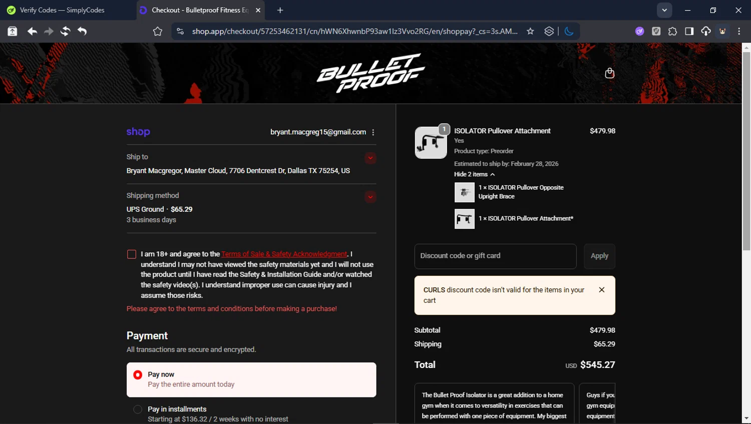 Bulletproof Fitness Equipment coupon code screenshot showing code CURLS applied at Bulletproof Fitness Equipment checkout page. Uploaded by SimplyCodes community member BrilliantTitan6909 on Dec 17, 2025