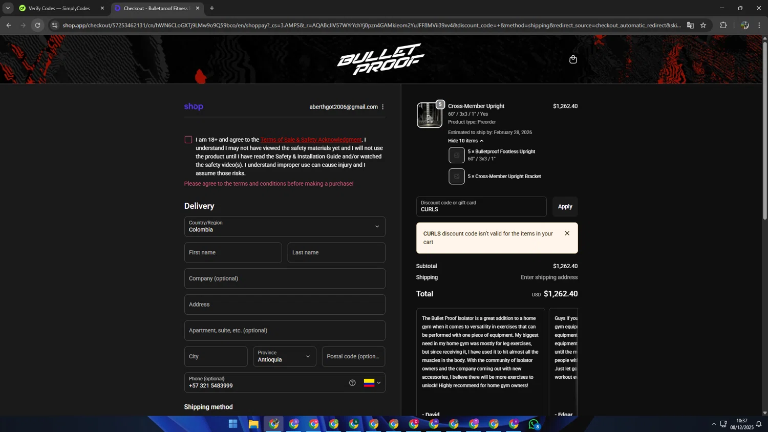 Bulletproof Fitness Equipment coupon code screenshot showing code CURLS applied at Bulletproof Fitness Equipment checkout page. Uploaded by SimplyCodes community member SAIKOO on Dec 8, 2025