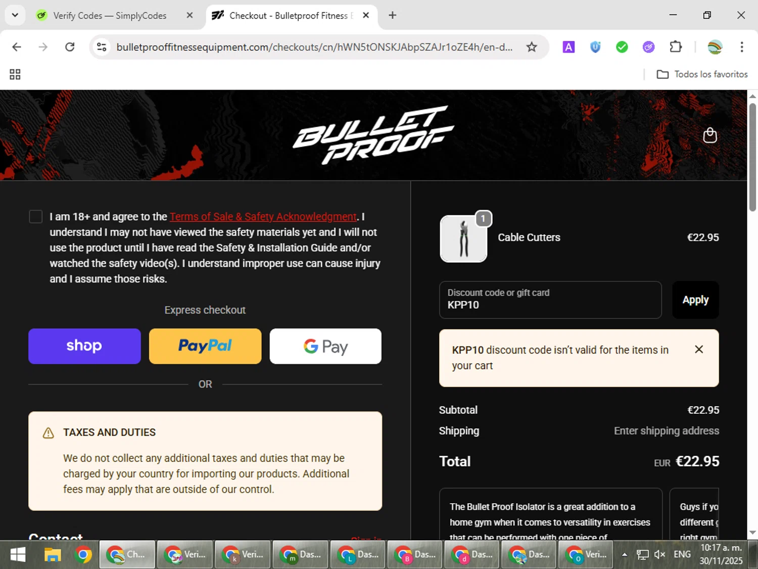 Bulletproof Fitness Equipment coupon code screenshot showing code KPP10 applied at Bulletproof Fitness Equipment checkout page. Uploaded by SimplyCodes community member CoinMaven5220 on Nov 30, 2025
