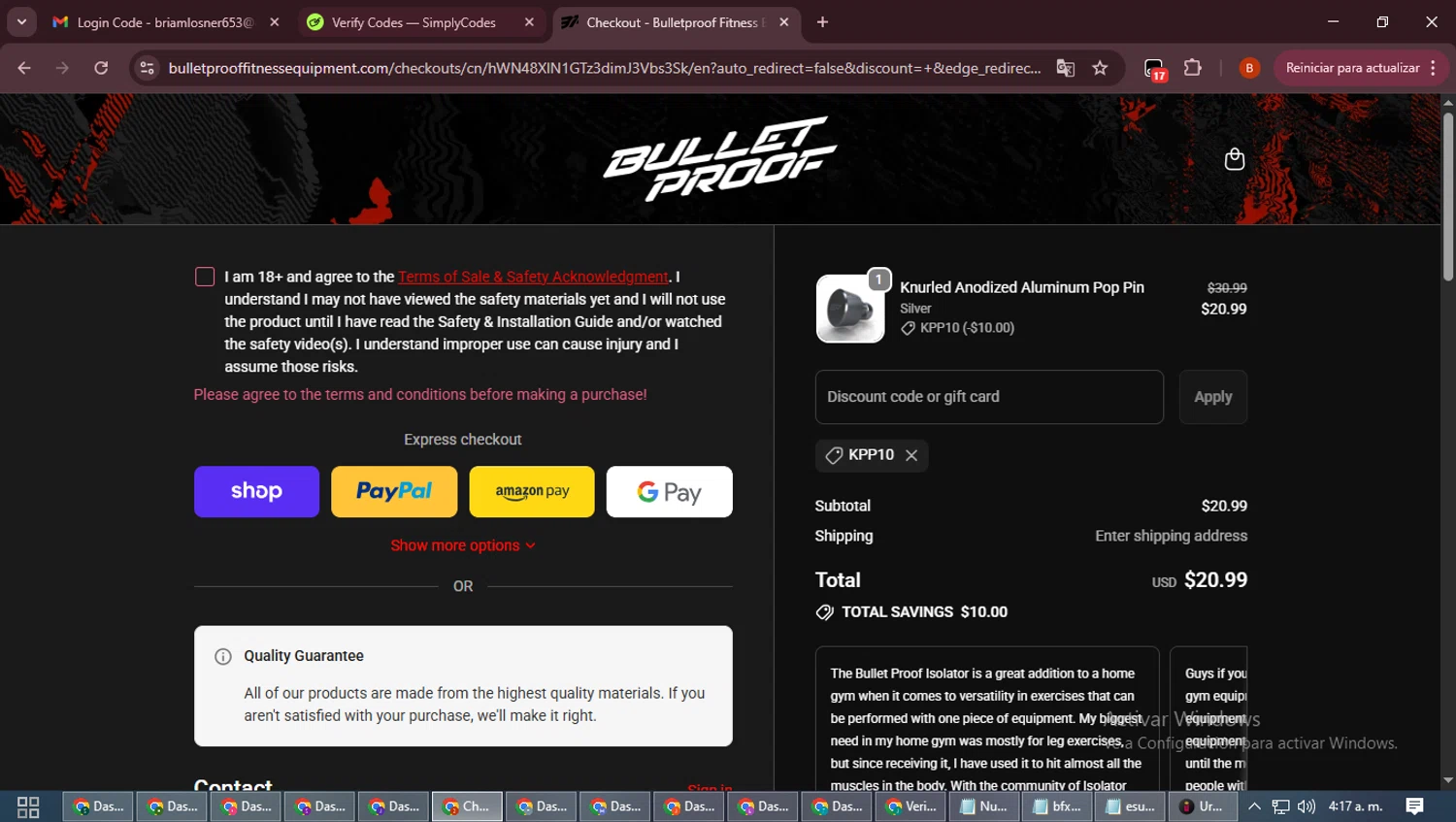 Bulletproof Fitness Equipment coupon code screenshot showing code KPP10 applied at Bulletproof Fitness Equipment checkout page. Uploaded by SimplyCodes community member DiscountExpert6435 on Oct 15, 2025