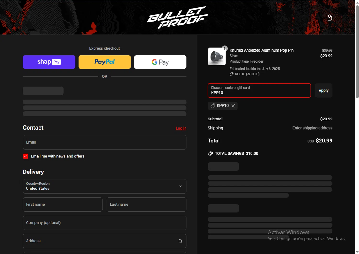 Bulletproof Fitness Equipment coupon code screenshot showing code KPP10 applied at Bulletproof Fitness Equipment checkout page. Uploaded by SimplyCodes community member SwiftPhoenix267 on Apr 8, 2025