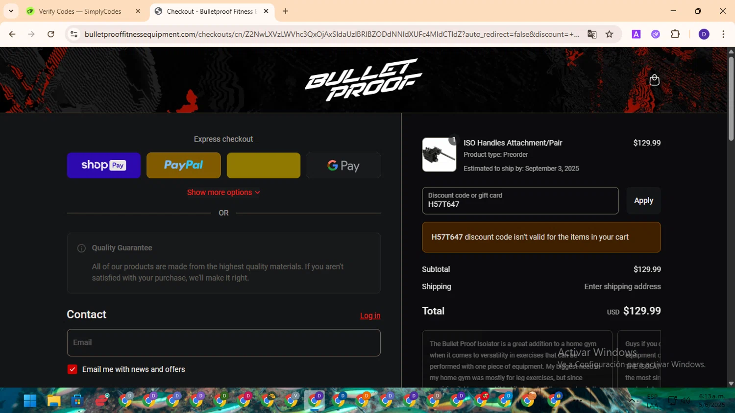 Bulletproof Fitness Equipment coupon code screenshot showing code H57T647 applied at Bulletproof Fitness Equipment checkout page. Uploaded by SimplyCodes community member MagnificentFinder9583 on Jun 5, 2025