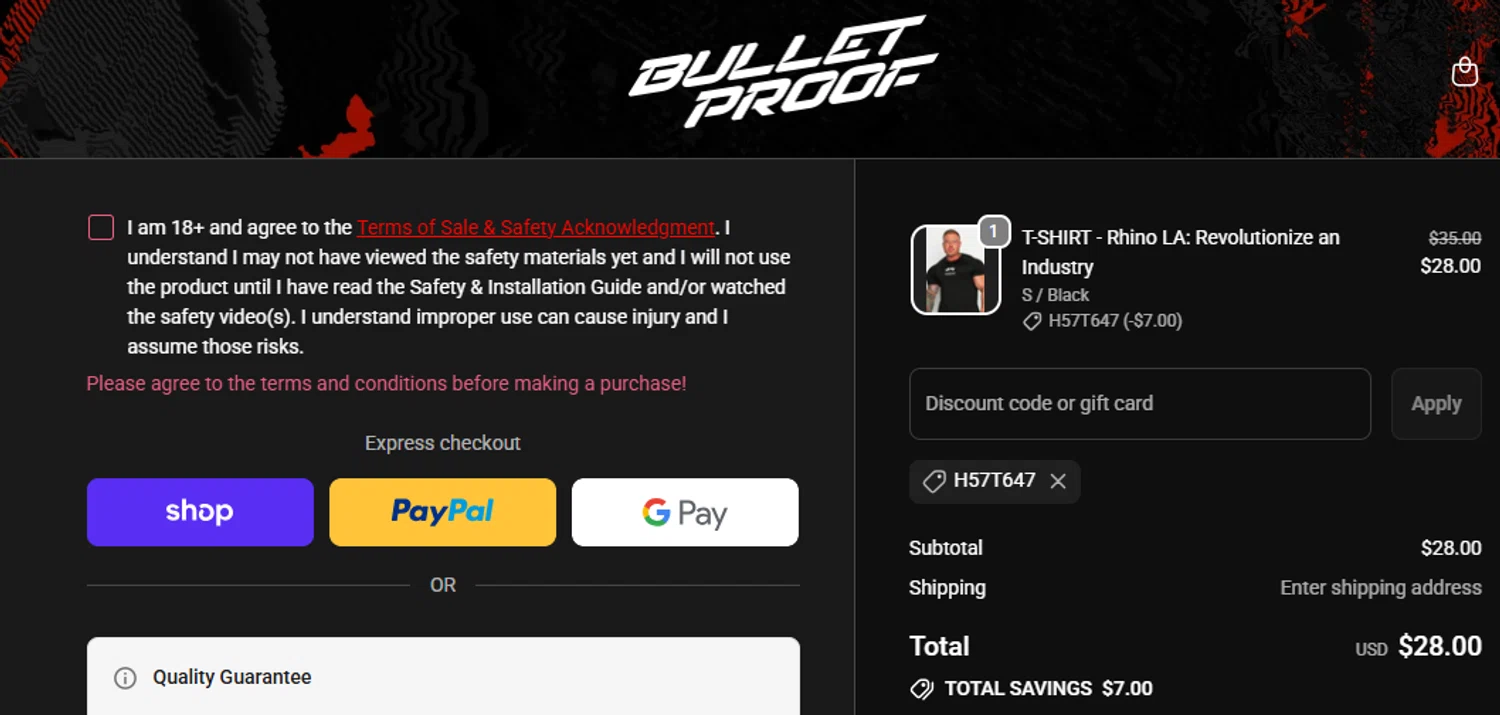 Bulletproof Fitness Equipment coupon code screenshot showing code H57T647 applied at Bulletproof Fitness Equipment checkout page. Uploaded by SimplyCodes community member MordeKaiser on Oct 23, 2025