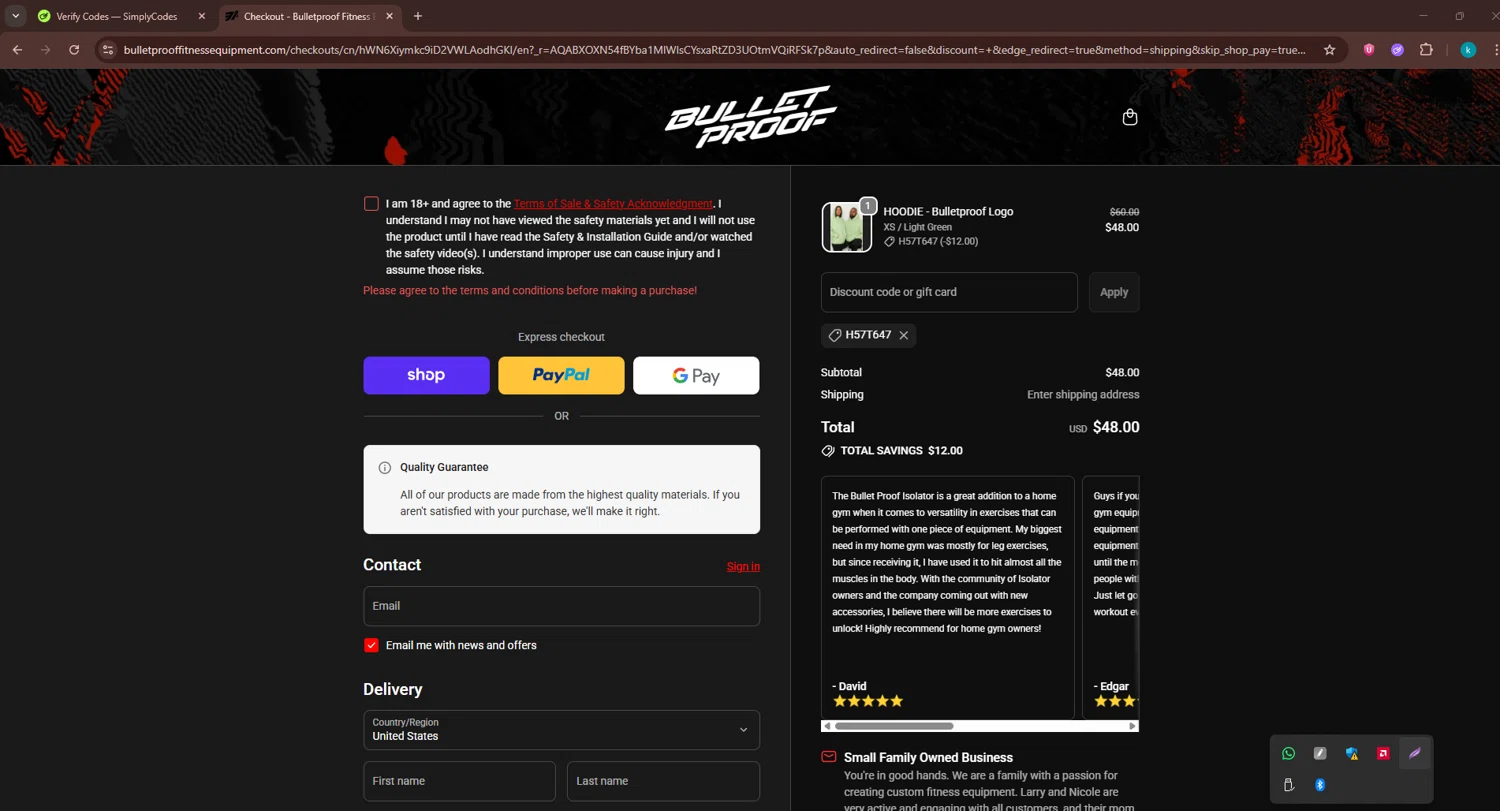 Bulletproof Fitness Equipment coupon code screenshot showing code H57T647 applied at Bulletproof Fitness Equipment checkout page. Uploaded by SimplyCodes community member RewardKnight9989 on Dec 17, 2025