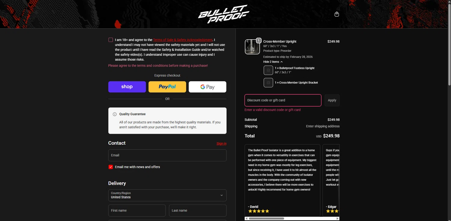 Bulletproof Fitness Equipment coupon code screenshot showing code 2X2/2X3 applied at Bulletproof Fitness Equipment checkout page. Uploaded by SimplyCodes community member TreasureChaser3010 on Dec 6, 2025