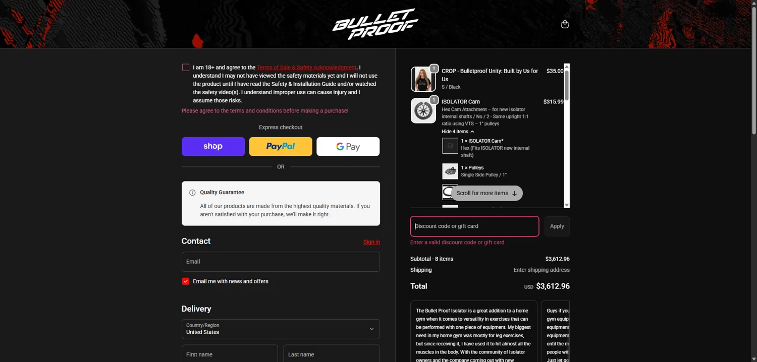 Bulletproof Fitness Equipment coupon code screenshot showing code 2X2/2X3 applied at Bulletproof Fitness Equipment checkout page. Uploaded by SimplyCodes community member VoucherCaptain6631 on Dec 6, 2025