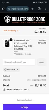 DEFEND6 coupon verification screenshot
