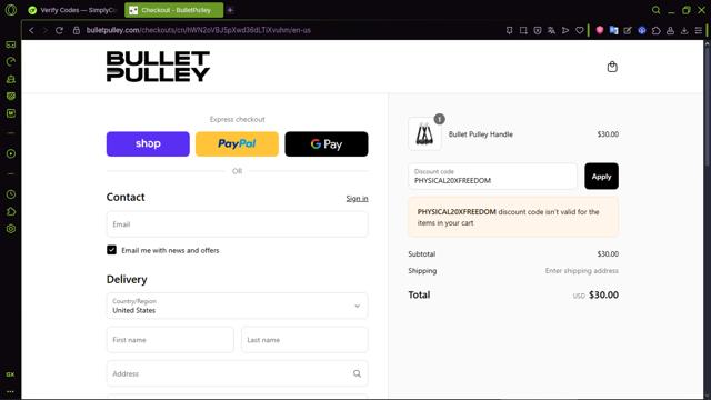 Bullet Pulley checkout page showing Bullet Pulley discount code box | Screenshot taken by SimplyCodes community member on Sep 10, 2025