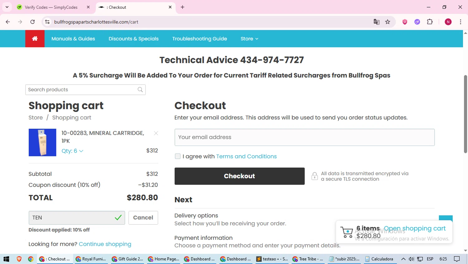 Bullfrog Spa Parts coupon code screenshot showing code TEN applied at Bullfrog Spa Parts checkout page. Uploaded by SimplyCodes community member CoinWizard8578 on Jun 26, 2025