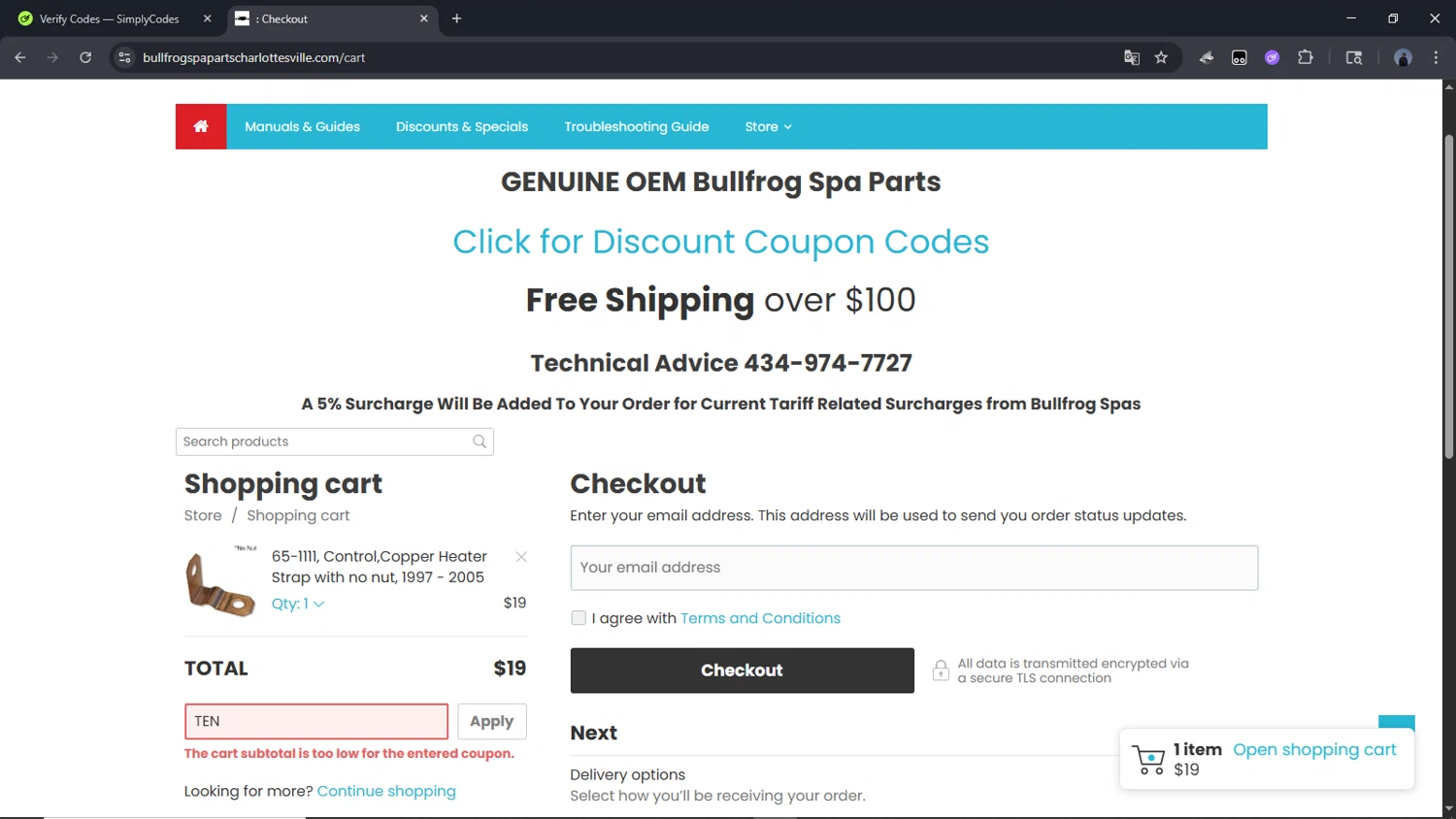 Bullfrog Spa Parts coupon code screenshot showing code TEN applied at Bullfrog Spa Parts checkout page. Uploaded by SimplyCodes community member Time_sin_filtro on Jun 19, 2025