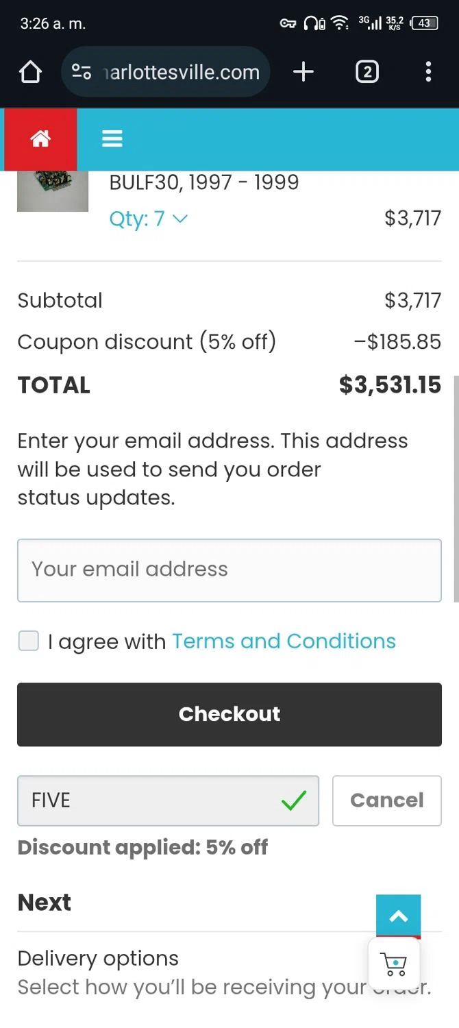 Bullfrog Spa Parts coupon code screenshot showing code FIVE applied at Bullfrog Spa Parts checkout page. Uploaded by SimplyCodes community member Rafita on May 22, 2025