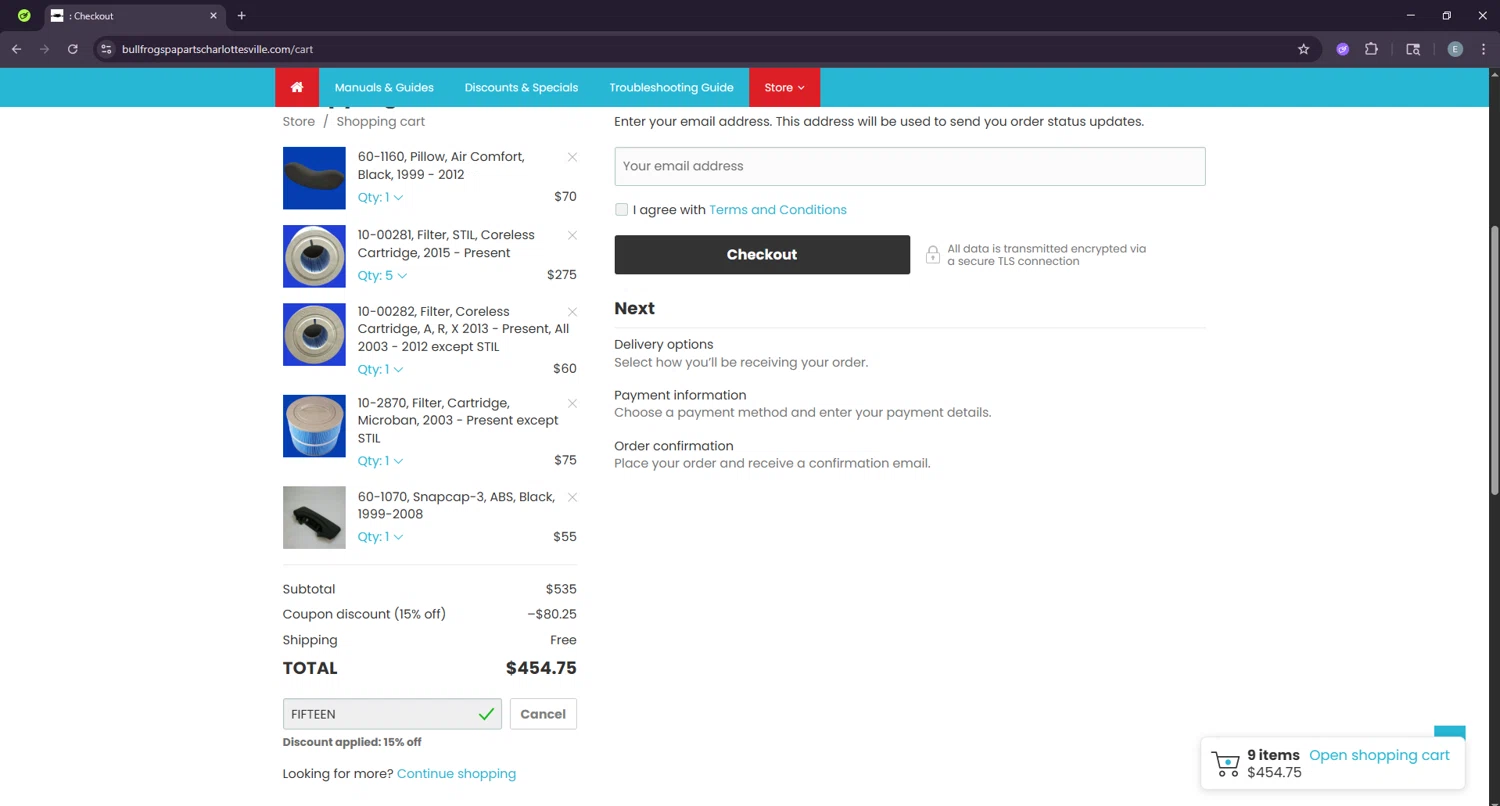 Bullfrog Spa Parts coupon code screenshot showing code FIFTEEN applied at Bullfrog Spa Parts checkout page. Uploaded by SimplyCodes community member LuckyExpert7689 on Jun 19, 2025