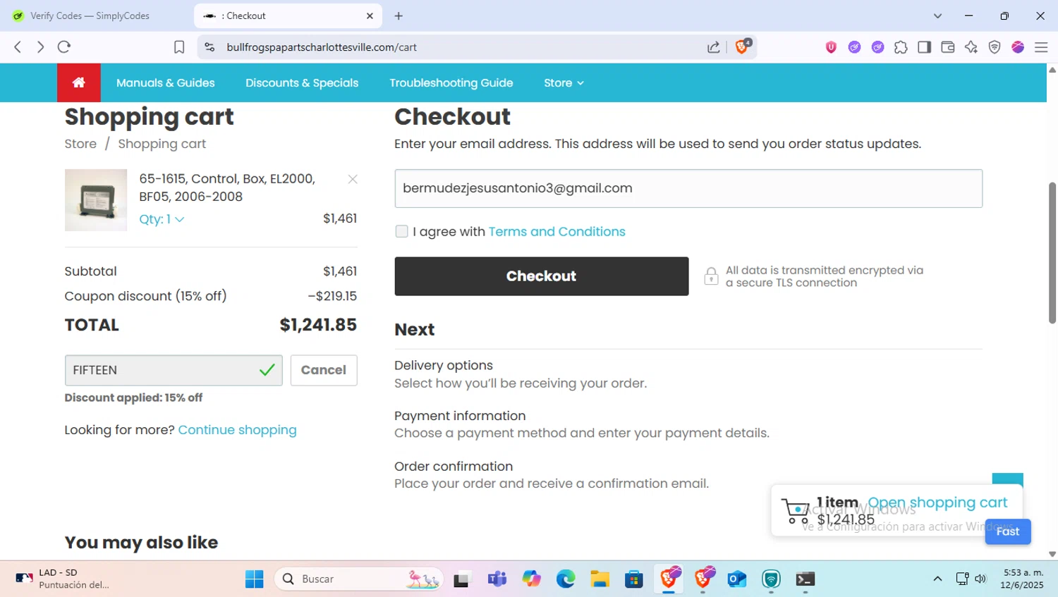 Bullfrog Spa Parts coupon code screenshot showing code FIFTEEN applied at Bullfrog Spa Parts checkout page. Uploaded by SimplyCodes community member PocoyoTraihard on Jun 12, 2025