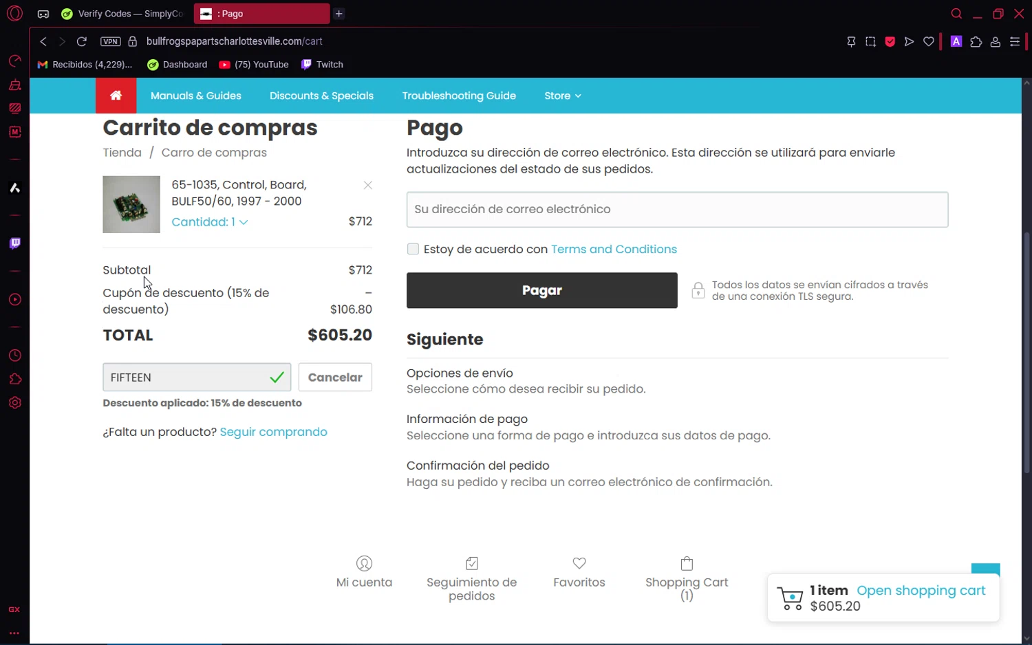 Bullfrog Spa Parts coupon code screenshot showing code FIFTEEN applied at Bullfrog Spa Parts checkout page. Uploaded by SimplyCodes community member VoucherAce8469 on Jun 26, 2025