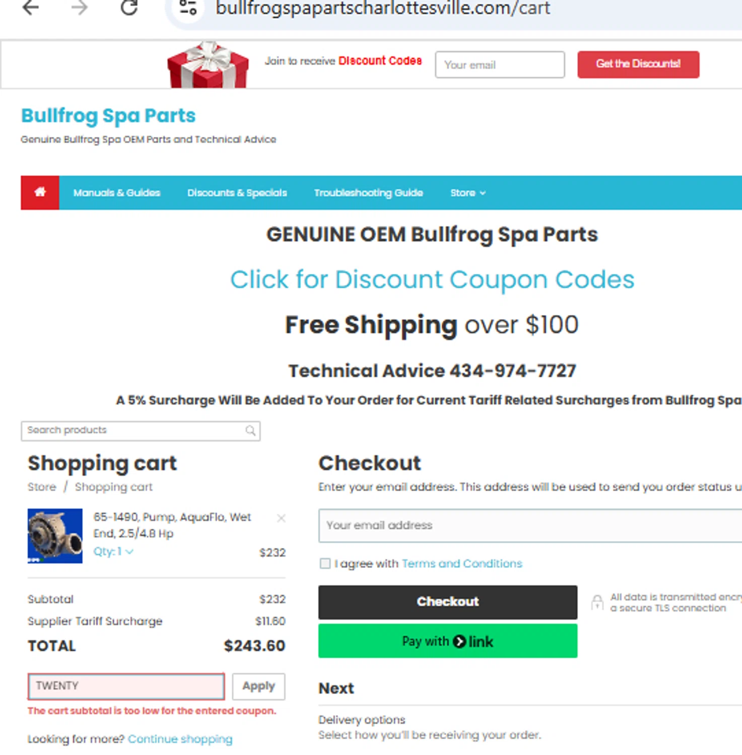 Bullfrog Spa Parts coupon code screenshot showing code TWENTY applied at Bullfrog Spa Parts checkout page. Uploaded by SimplyCodes community member PennyOwl2559 on Nov 19, 2025