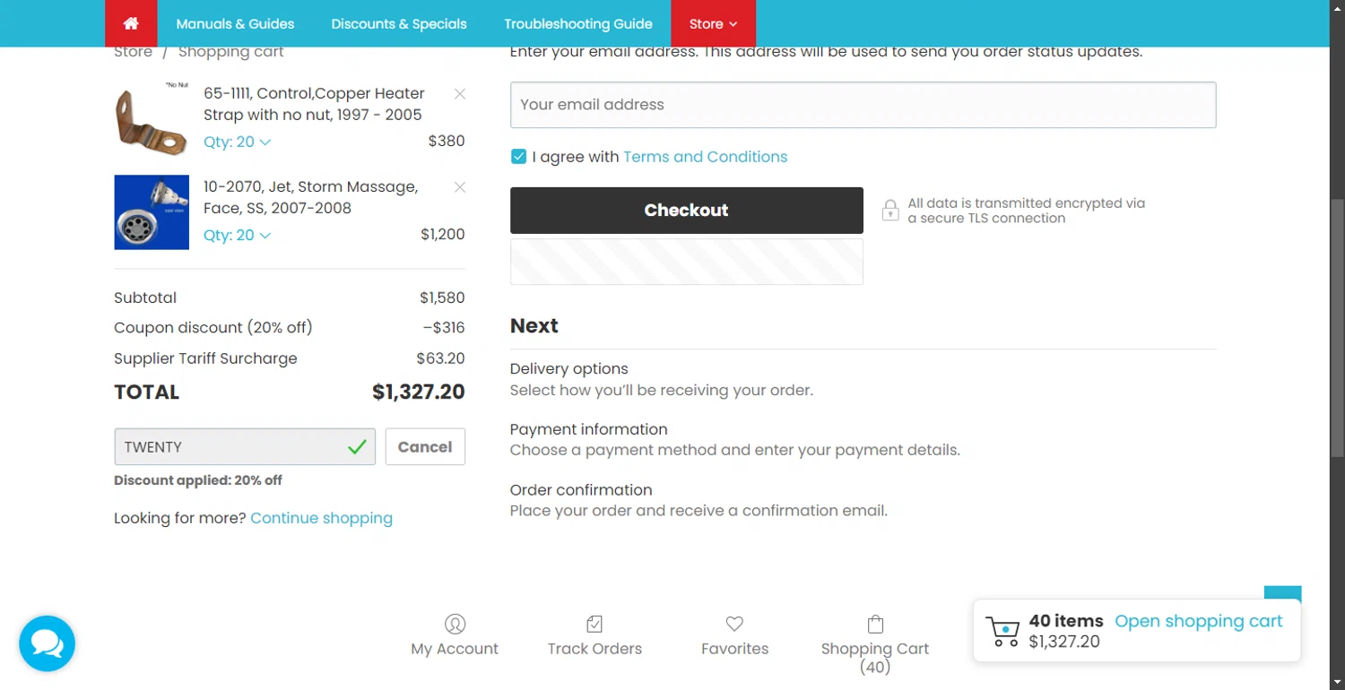 Bullfrog Spa Parts coupon code screenshot showing code TWENTY applied at Bullfrog Spa Parts checkout page. Uploaded by SimplyCodes community member SavvyHawk1474 on Oct 6, 2025