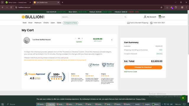 Bullion.com checkout page showing Bullion.com promo code box | Screenshot taken by SimplyCodes community member on Mar 20, 2025