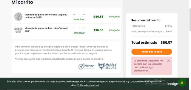 Bullion.com checkout page showing Bullion.com promo code box | Screenshot taken by SimplyCodes community member on Mar 20, 2025