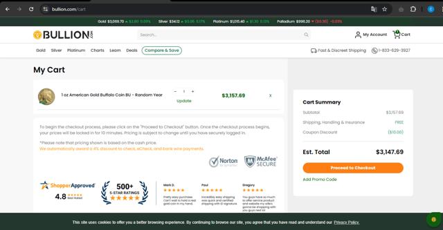 Bullion.com checkout page showing Bullion.com promo code box | Screenshot taken by SimplyCodes community member on Mar 20, 2025