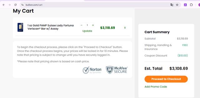 Bullion.com checkout page showing Bullion.com promo code box | Screenshot taken by SimplyCodes community member on Mar 20, 2025