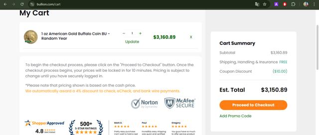 Bullion.com checkout page showing Bullion.com promo code box | Screenshot taken by SimplyCodes community member on Mar 20, 2025