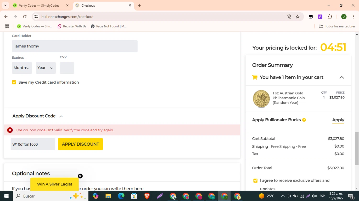 Bullion Exchanges discount code screenshot showing code W10offon1000 applied at Bullion Exchanges checkout page. Uploaded by SimplyCodes community member CleverBoss9743 on Feb 15, 2025