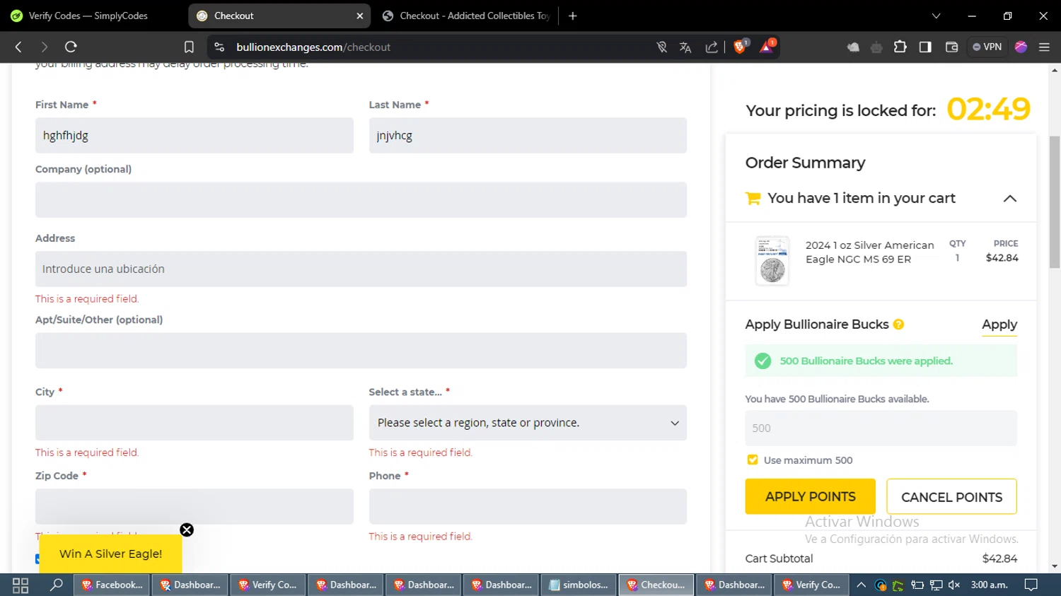 Bullion Exchanges checkout page showing Bullion Exchanges discount code box | Screenshot taken by SimplyCodes community member on Jul 19, 2024
