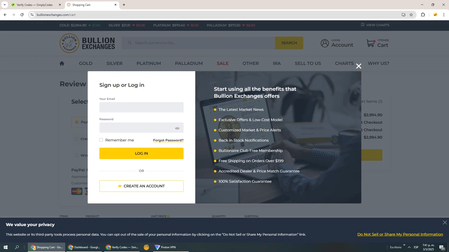 Bullion Exchanges discount code screenshot showing code 50offon10000 applied at Bullion Exchanges checkout page. Uploaded by SimplyCodes community member Richard251 on Mar 3, 2025
