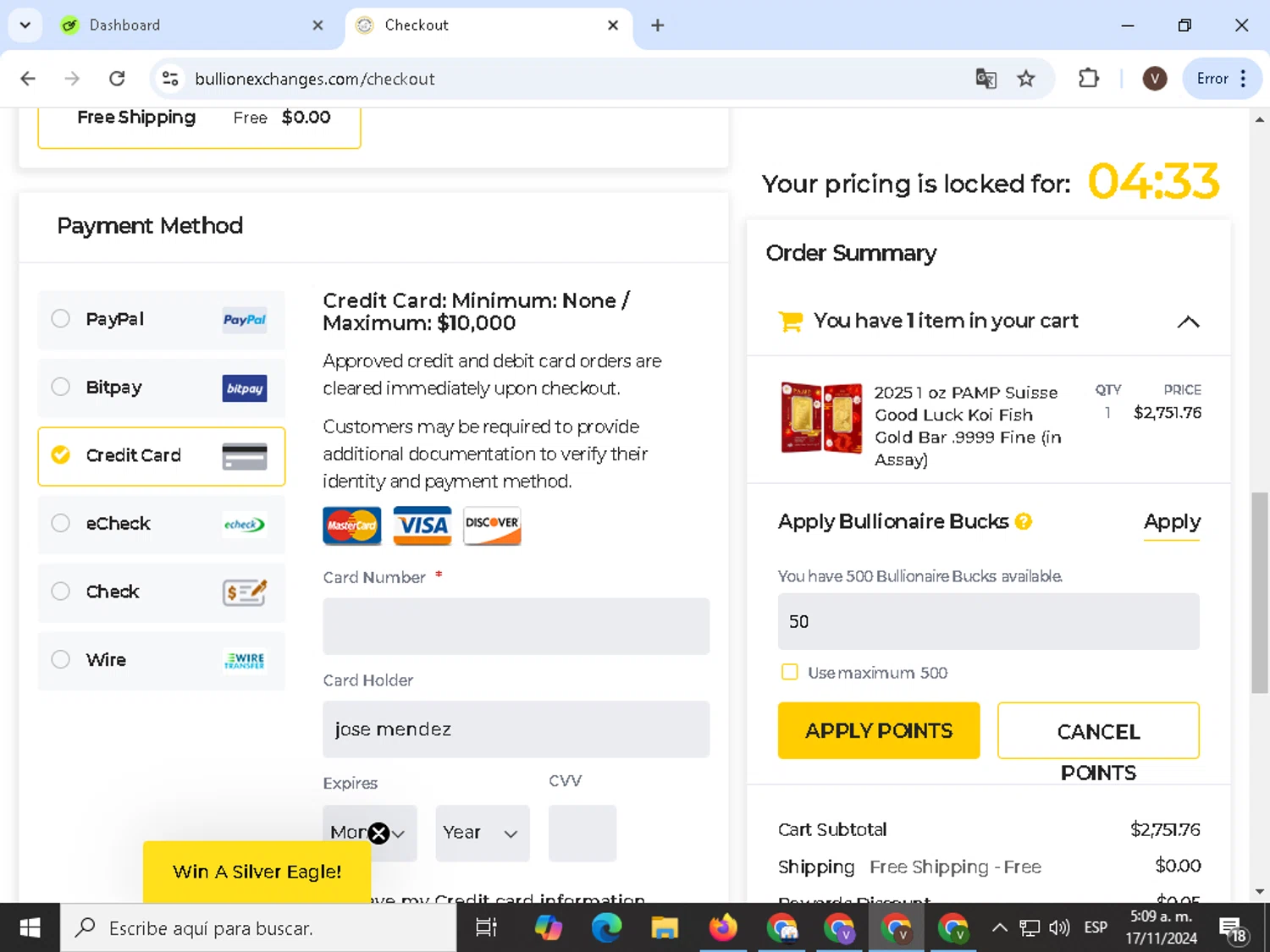 Bullion Exchanges checkout page showing Bullion Exchanges discount code box | Screenshot taken by SimplyCodes community member on Nov 17, 2024
