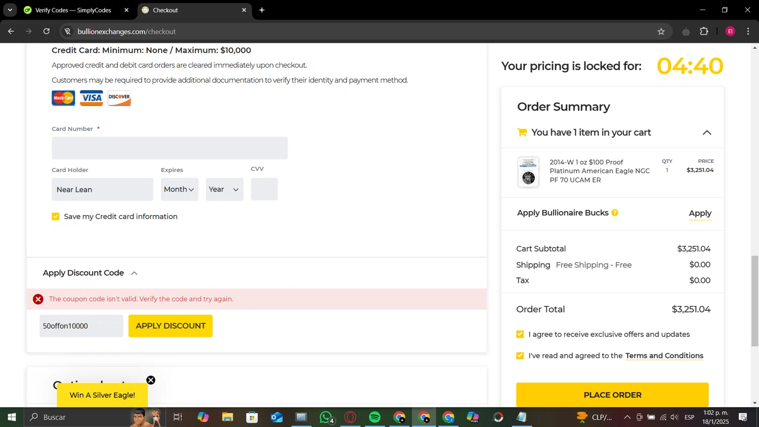 Bullion Exchanges discount code screenshot showing code 50offon10000 applied at Bullion Exchanges checkout page. Uploaded by SimplyCodes community member TheWeeknd on Jan 18, 2025