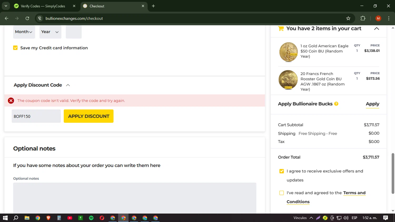 Bullion Exchanges discount code screenshot showing code 8OFF150 applied at Bullion Exchanges checkout page. Uploaded by SimplyCodes community member NobleSentinel6058 on Mar 7, 2025